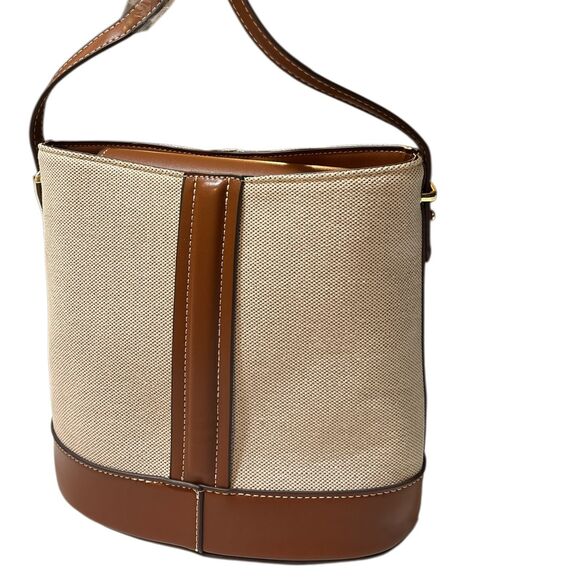 Unbranded Canvas & Faux Leather Bucket Shoulder Bag Beige Brown Crossbody Purse - Picture 3 of 5